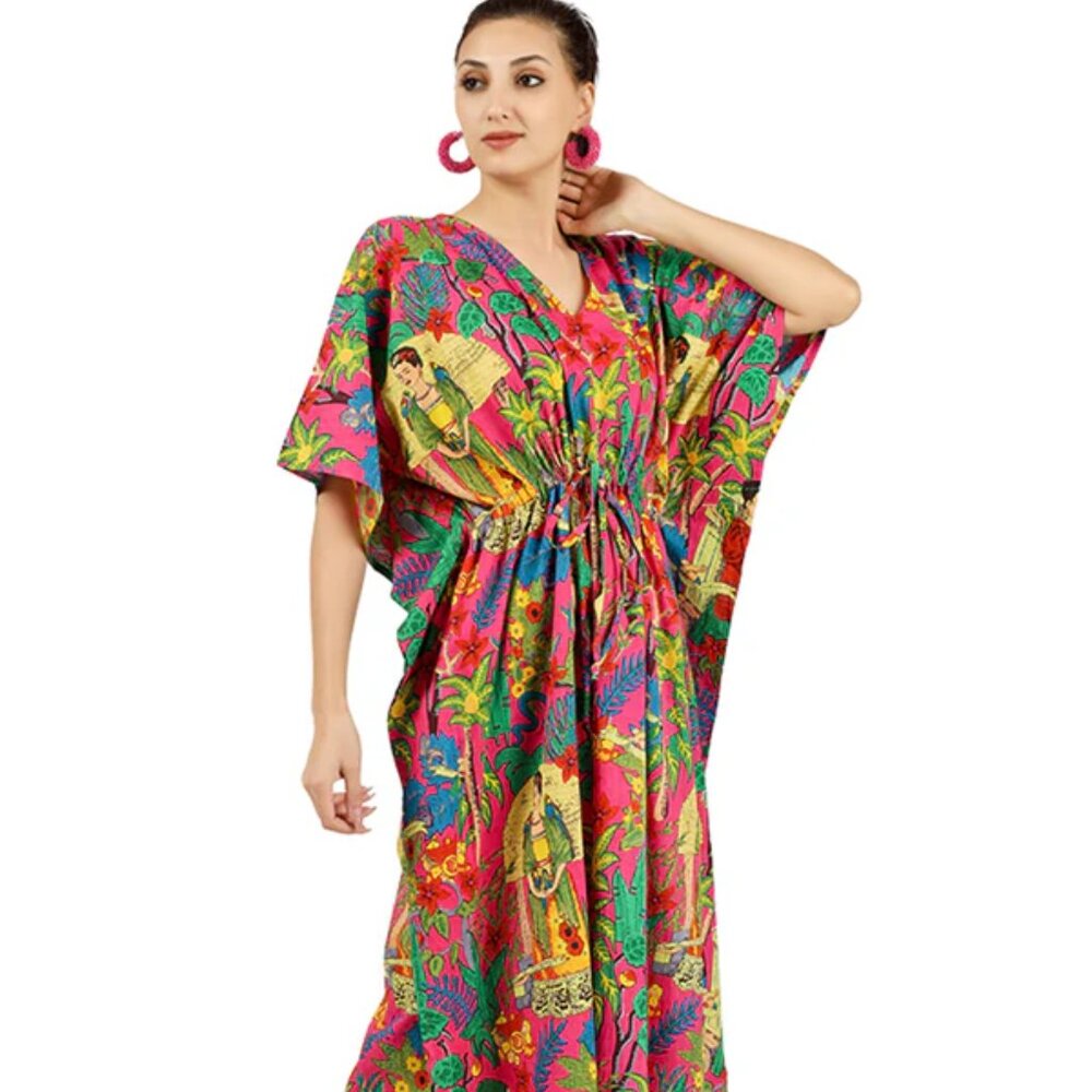 BRAND NEW Pink Frida Kahlo Block Printed Kaftan Cotton summer Maxi dress - Picture 2 of 6